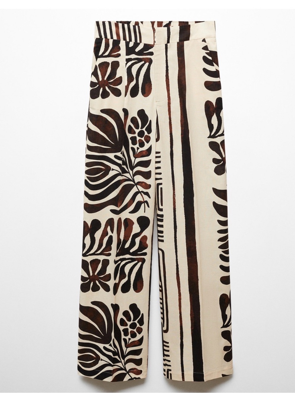 Mango Karina Cotton and Linen Wide-Leg Printed Trousers in Cream & Brown